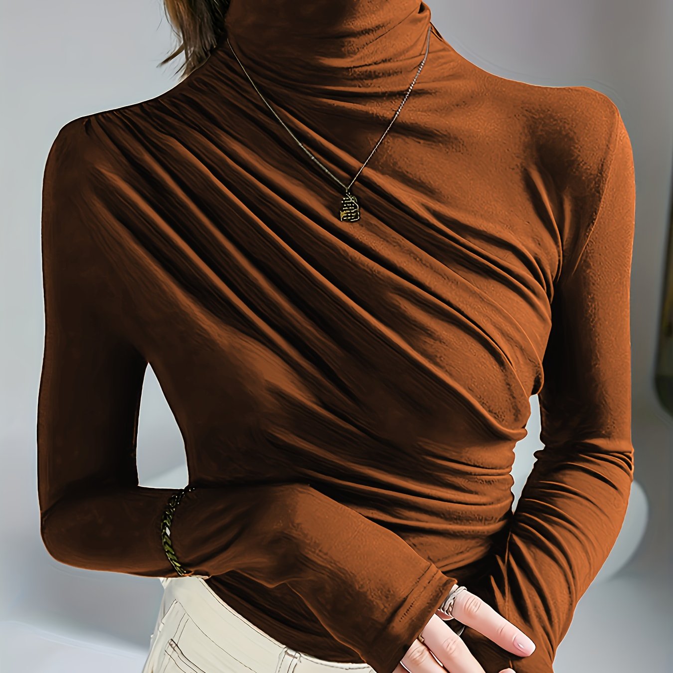 Elegant Ruched Mock Neck Long Sleeve Top for Women - Stylish Autumn/Winter Blouse, Soft Polyester & Elastane Blend, Machine Washable, Dark Brown, Perfect for Casual or Dressy Outfits